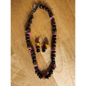 El Refugio Handmade Coffee Bean Necklace and Earring Set Yellow/Pink Accents